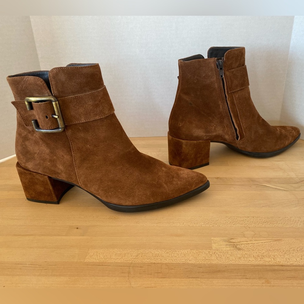 Chocolate Suede Paul Green Boots w/ Buckle Semi Pointed Toe Elegant Luxury 7.5